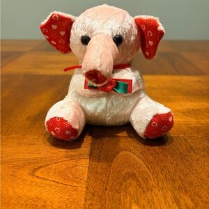 Pink Elephant Plush Toy – Red Heart Accents & Bow – Soft Stuffed Animal